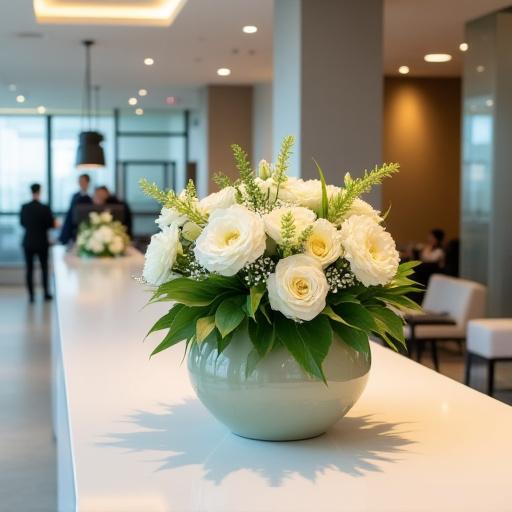 Blomsterarrangemang i en elegant företagsreception